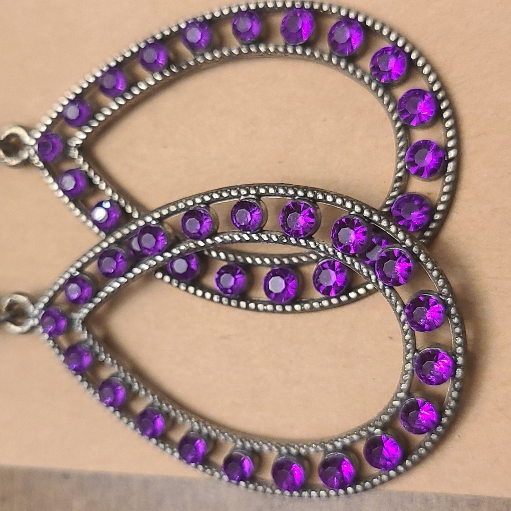 Purple Rhinestone Teardrop Earrings - Picture 2 of 4